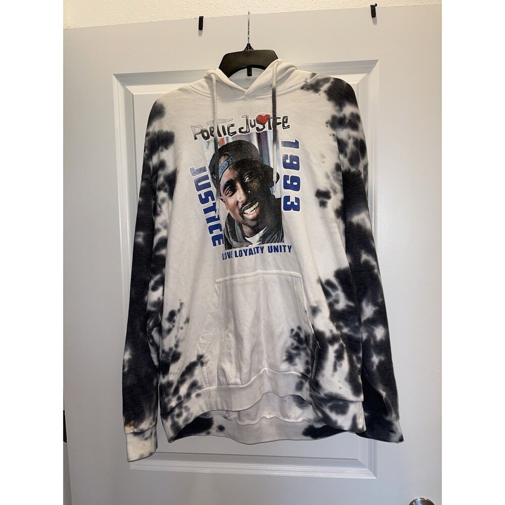 Poetic Justice Black and White Tie-Dye Graphic Hoodie w/ Tupac Portait- Size XL